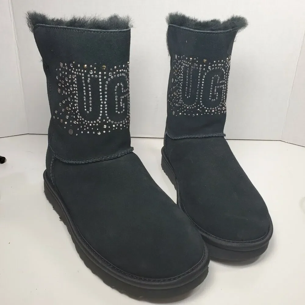 UGG Women boots Classic Bling ankle pull on black suede shearling sz 6 37  new
